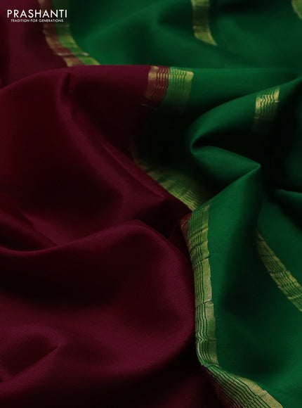 Pure mysore silk saree maroon and green with plain body and zari woven border