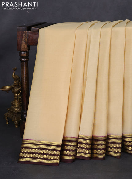 Pure mysore silk saree sandal and brown with plain body and zari woven border