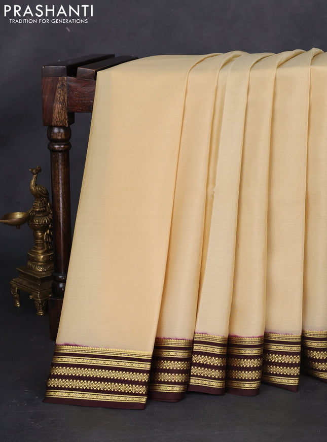 Pure mysore silk saree sandal and brown with plain body and zari woven border