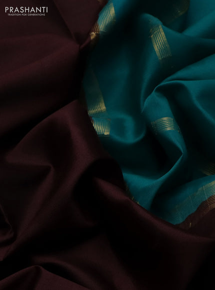 Pure mysore silk saree brown and teal green with plain body and zari woven border