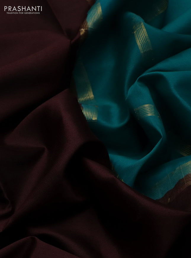 Pure mysore silk saree brown and teal green with plain body and zari woven border