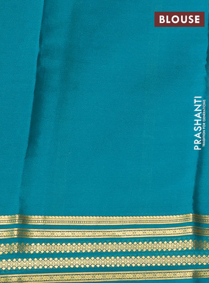 Pure mysore silk saree brown and teal green with plain body and zari woven border