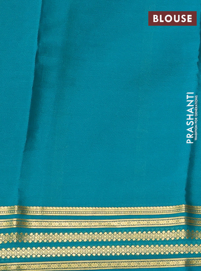 Pure mysore silk saree brown and teal green with plain body and zari woven border