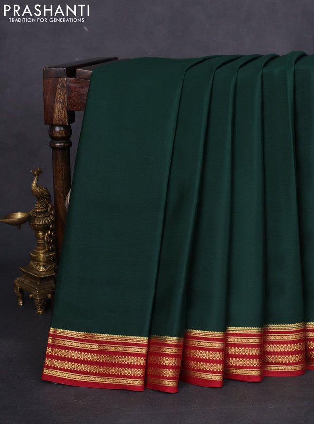 Pure mysore silk saree dark green and maroon with plain body and zari woven border