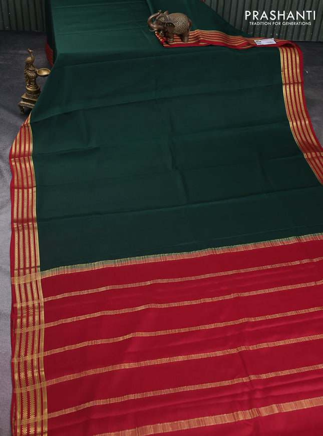 Pure mysore silk saree dark green and maroon with plain body and zari woven border
