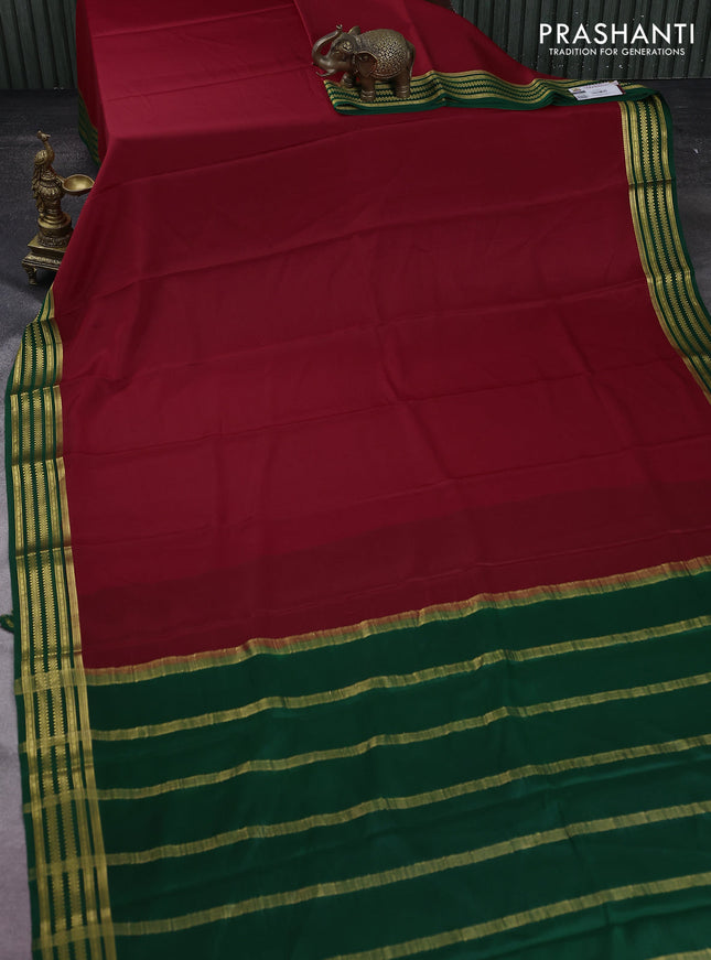 Pure mysore silk saree red and green with plain body and zari woven border