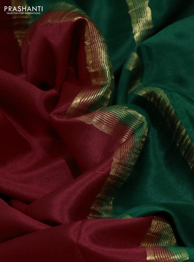 Pure mysore silk saree red and green with plain body and zari woven border
