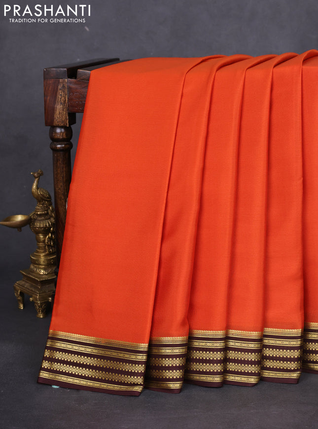 Pure mysore silk saree orange and brown with plain body and zari woven border