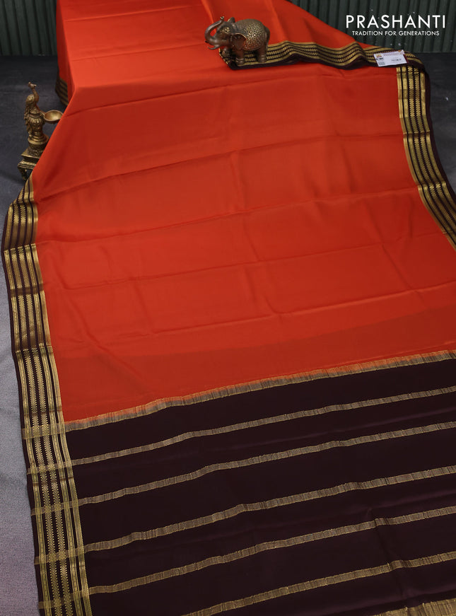 Pure mysore silk saree orange and brown with plain body and zari woven border