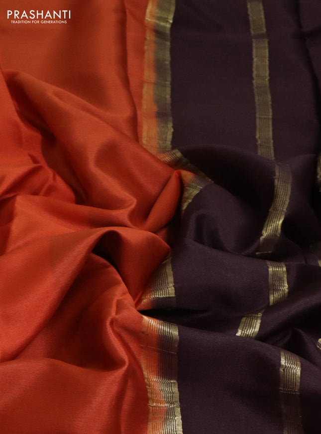 Pure mysore silk saree orange and brown with plain body and zari woven border