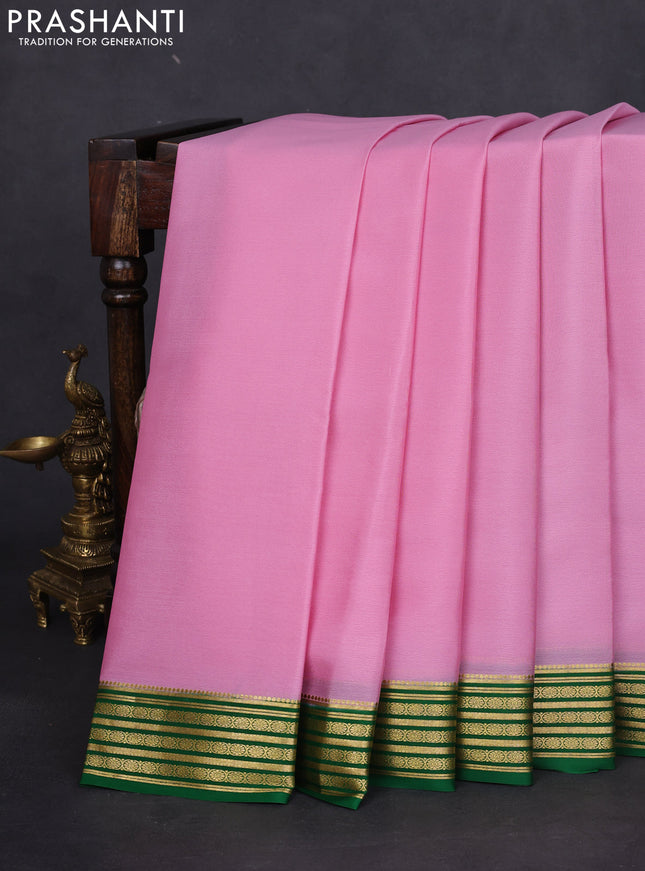Pure mysore silk saree light pink and green with plain body and zari woven border