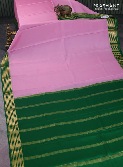 Pure mysore silk saree light pink and green with plain body and zari woven border