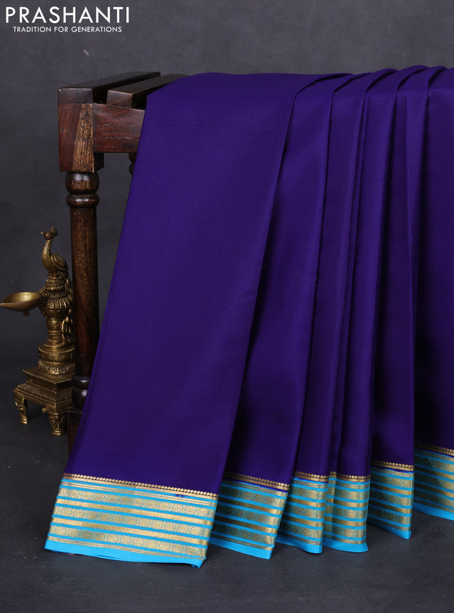 Pure mysore silk saree navy blue and light blue with plain body and zari woven border