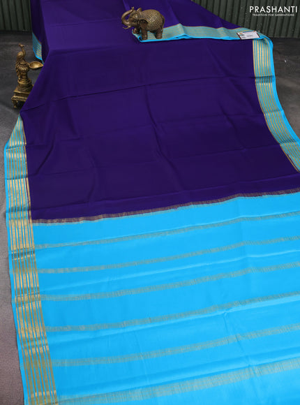 Pure mysore silk saree navy blue and light blue with plain body and zari woven border