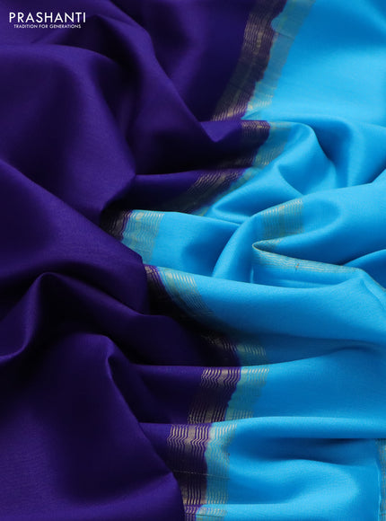 Pure mysore silk saree navy blue and light blue with plain body and zari woven border