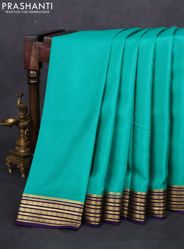 Pure mysore silk saree green and blue with plain body and zari woven border