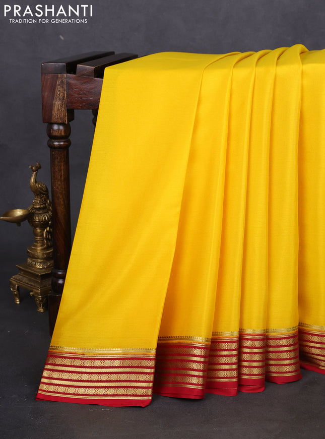Pure mysore silk saree yellow and red with plain body and zari woven border
