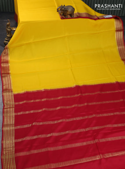 Pure mysore silk saree yellow and red with plain body and zari woven border