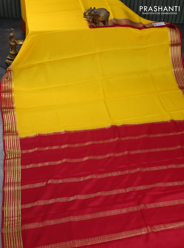 Pure mysore silk saree yellow and red with plain body and zari woven border