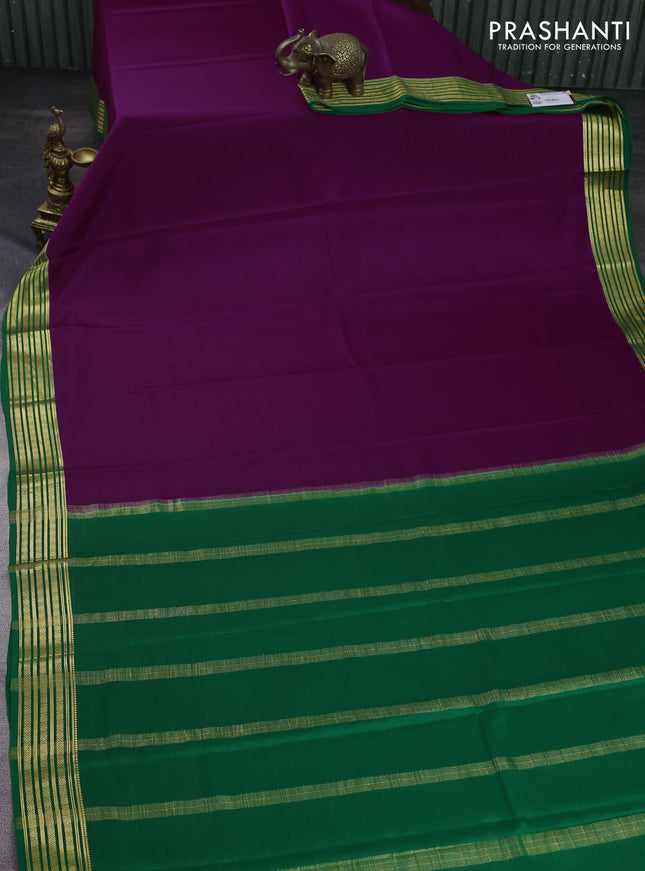 Pure mysore silk saree purple and green with plain body and zari woven border