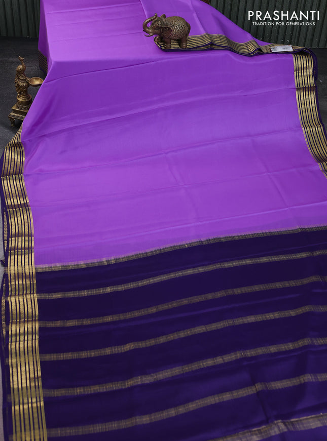 Pure mysore silk saree lavender and navy blue with plain body and zari woven border