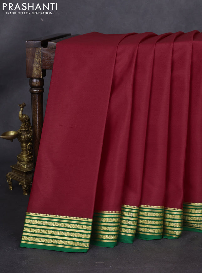 Pure mysore silk saree red and green with plain body and zari woven border