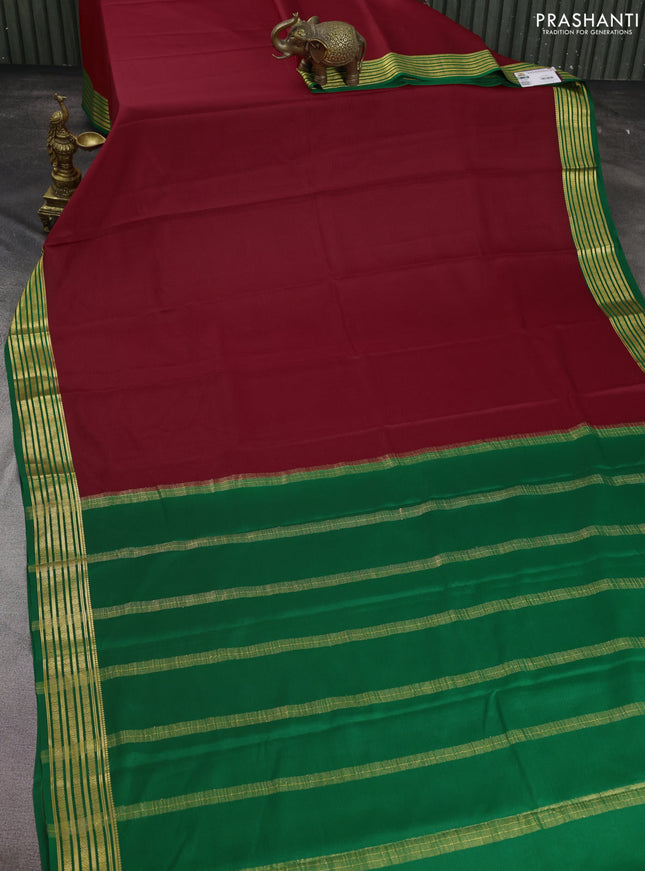 Pure mysore silk saree red and green with plain body and zari woven border