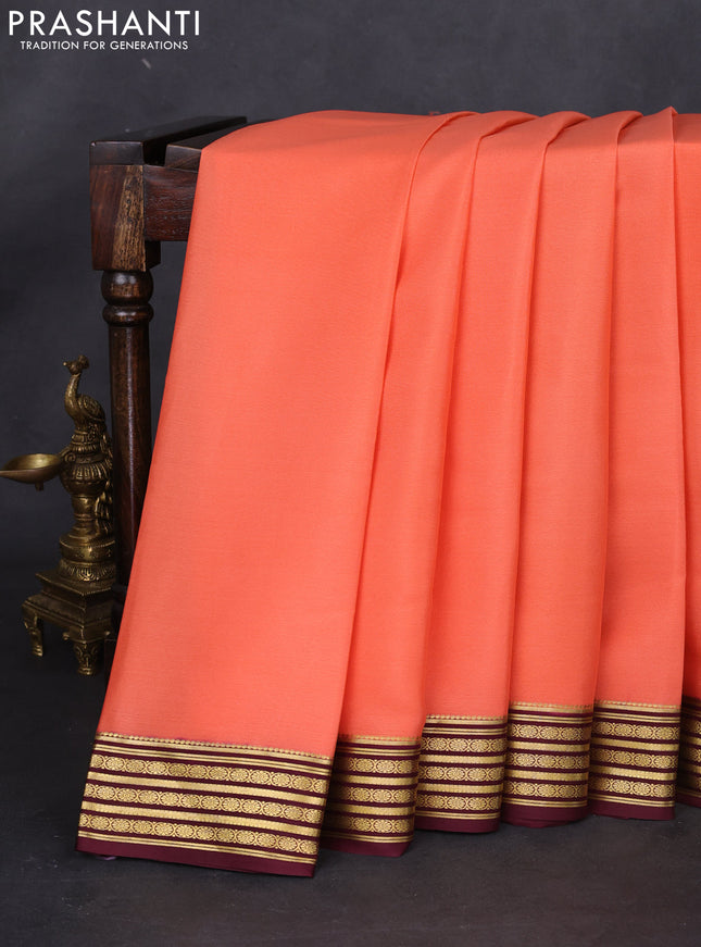 Pure mysore silk saree peach orange and brown with plain body and zari woven border