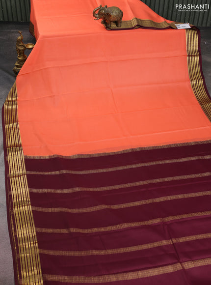 Pure mysore silk saree peach orange and brown with plain body and zari woven border
