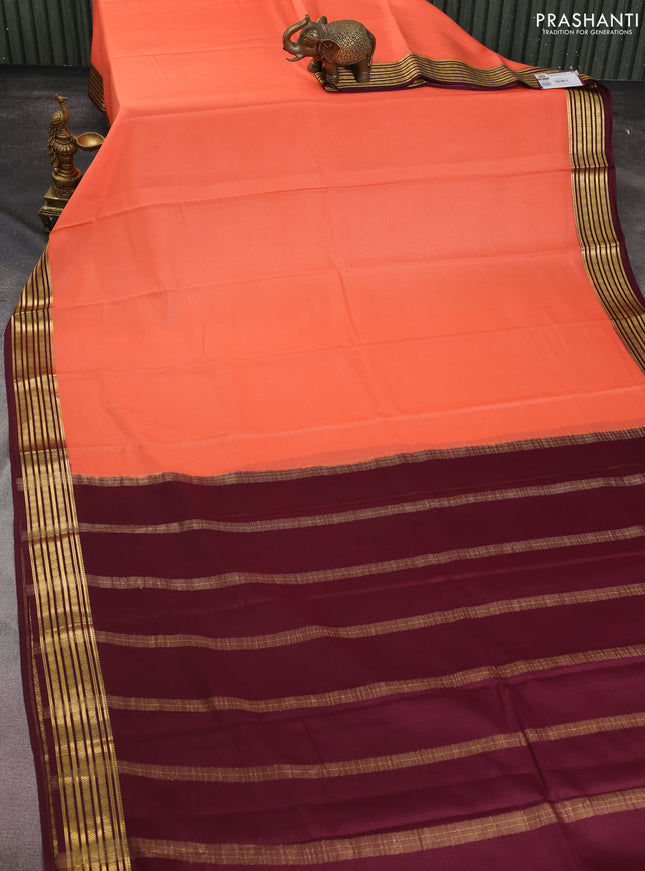 Pure mysore silk saree peach orange and brown with plain body and zari woven border