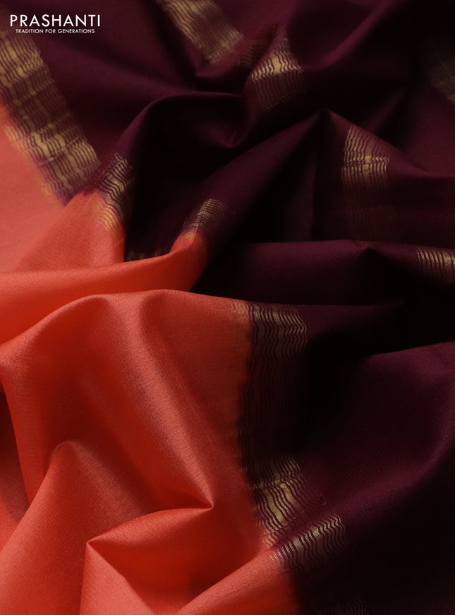 Pure mysore silk saree peach orange and brown with plain body and zari woven border