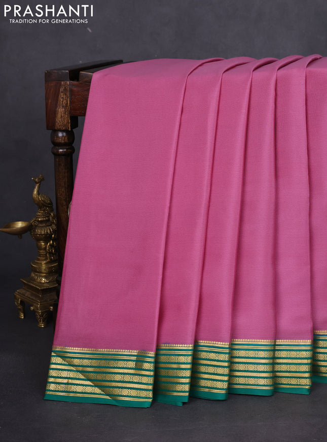 Pure mysore silk saree mauve pink and green with plain body and zari woven border