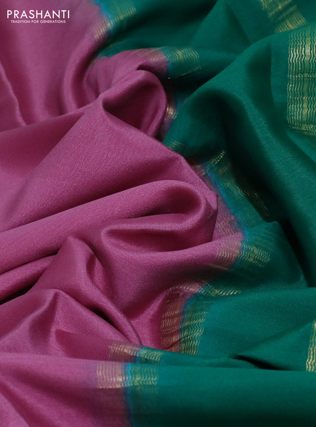 Pure mysore silk saree mauve pink and green with plain body and zari woven border