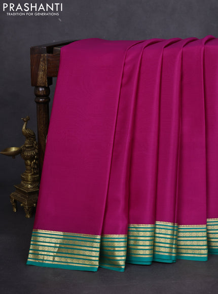 Pure mysore silk saree pink and green with plain body and zari woven border