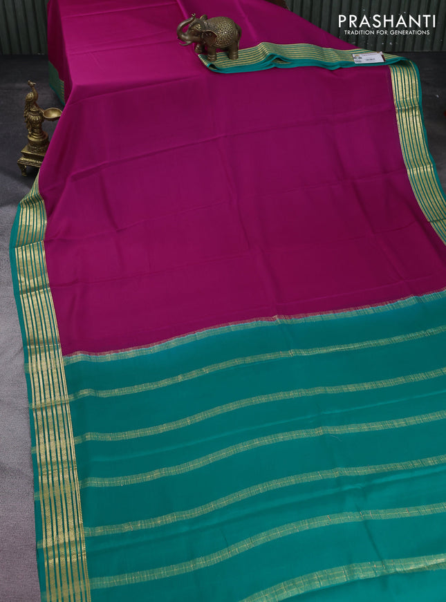 Pure mysore silk saree pink and green with plain body and zari woven border