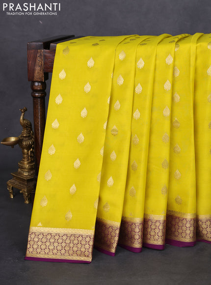 Pure mysore silk saree lime yellow and purple with zari woven buttas and zari woven border