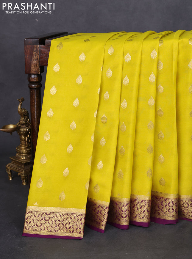 Pure mysore silk saree lime yellow and purple with zari woven buttas and zari woven border