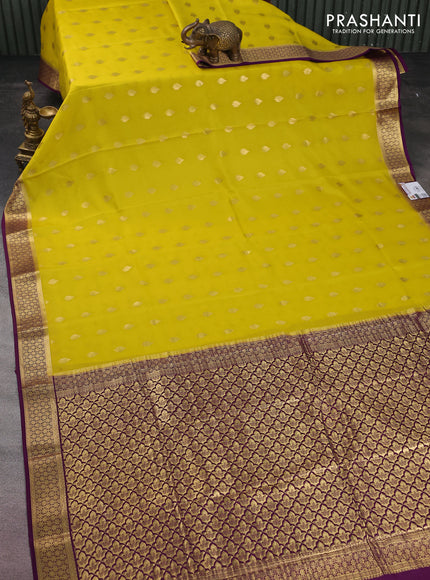 Pure mysore silk saree lime yellow and purple with zari woven buttas and zari woven border
