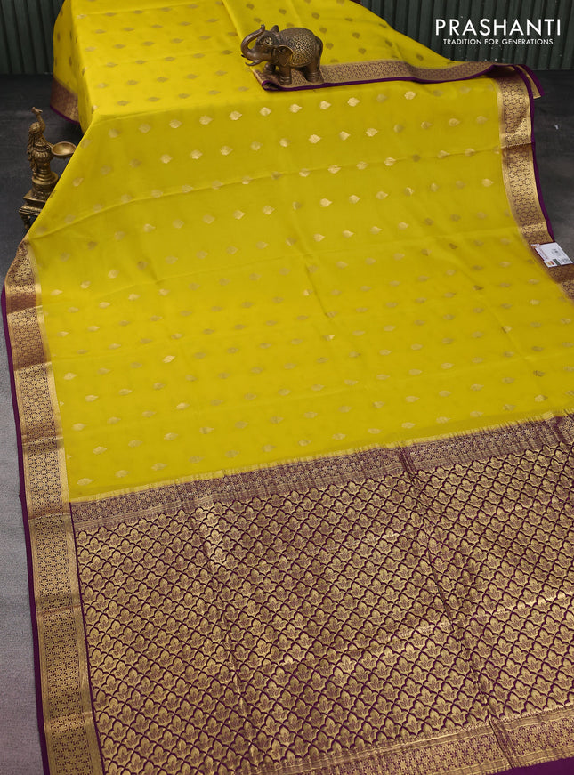 Pure mysore silk saree lime yellow and purple with zari woven buttas and zari woven border