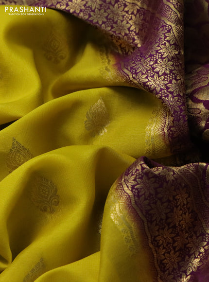 Pure mysore silk saree lime yellow and purple with zari woven buttas and zari woven border