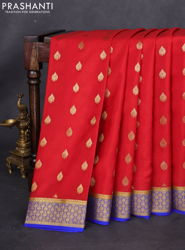 Pure mysore silk saree red and blue with zari woven buttas and zari woven border