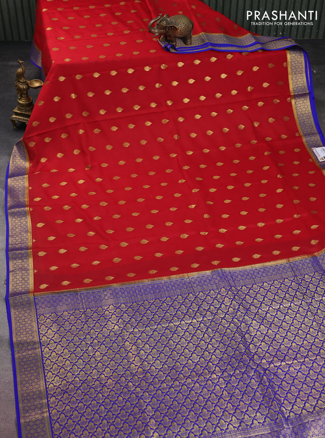 Pure mysore silk saree red and blue with zari woven buttas and zari woven border