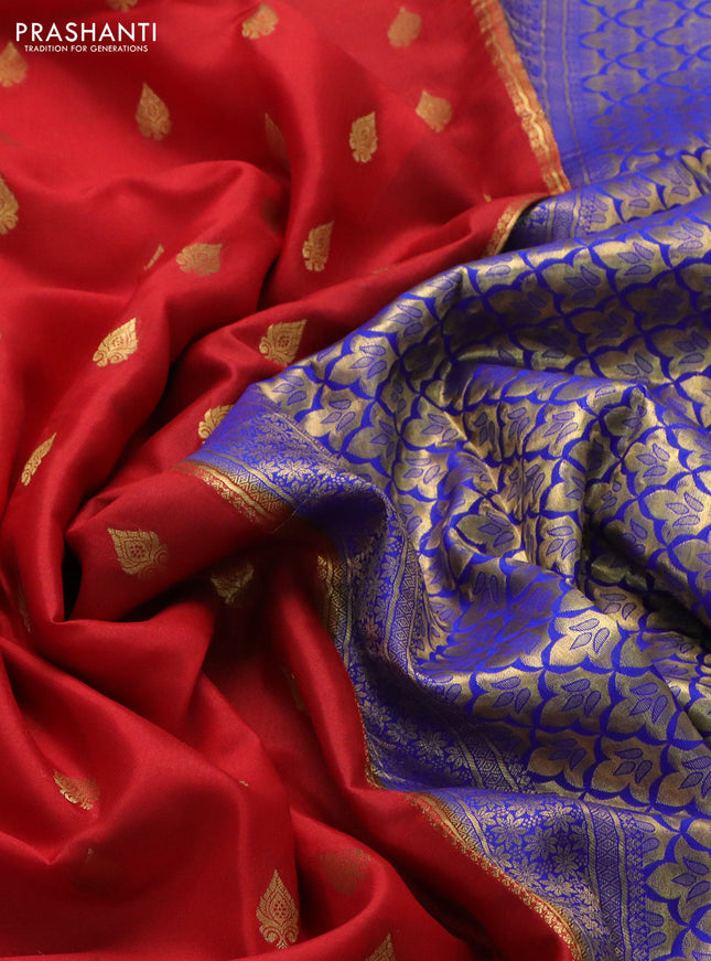 Pure mysore silk saree red and blue with zari woven buttas and zari woven border