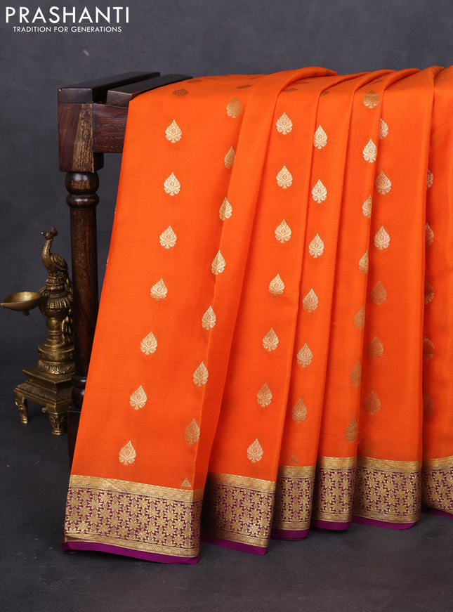 Pure mysore silk saree orange and purple with zari woven buttas and zari woven border