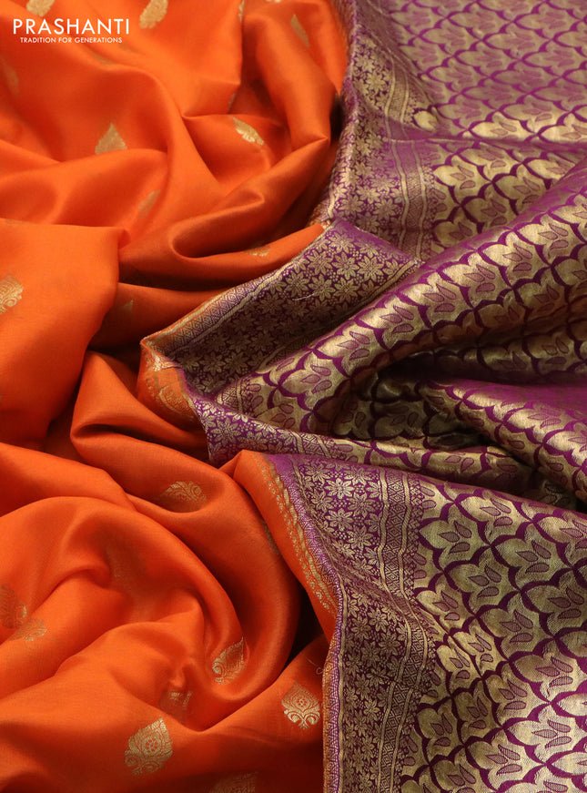 Pure mysore silk saree orange and purple with zari woven buttas and zari woven border
