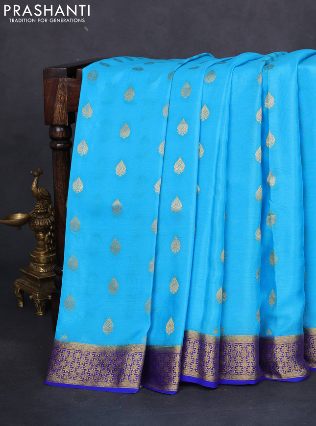 Pure mysore silk saree light pink and royal blue with zari woven buttas and zari woven border