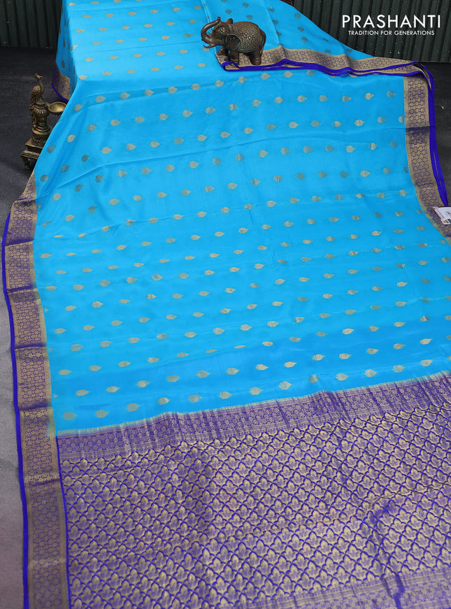 Pure mysore silk saree light pink and royal blue with zari woven buttas and zari woven border