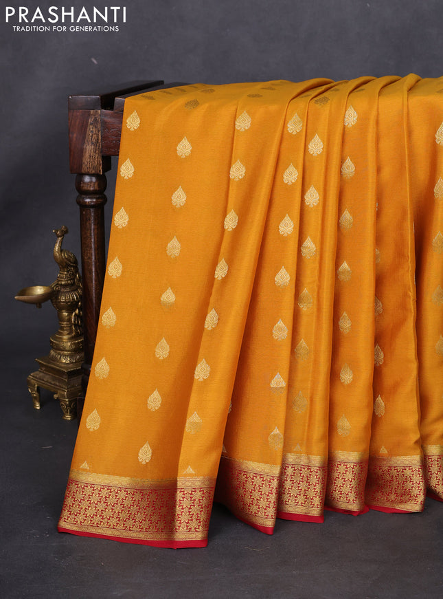 Pure mysore silk saree mustard yellow and maroon with zari woven buttas and zari woven border