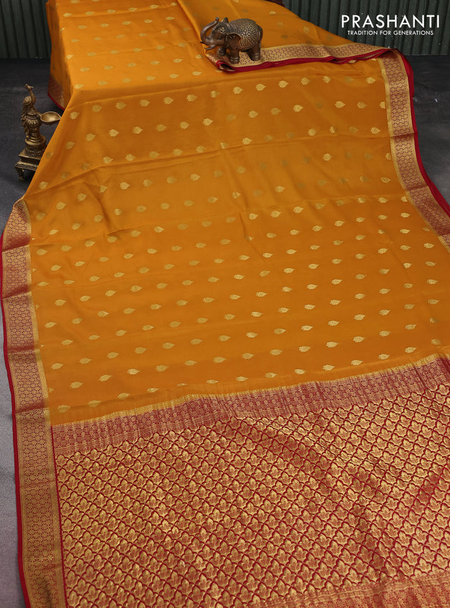 Pure mysore silk saree mustard yellow and maroon with zari woven buttas and zari woven border