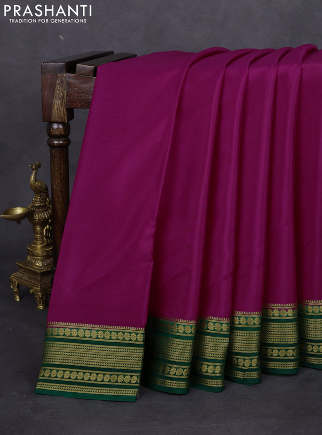 Pure mysore silk saree pink and green with plain body and zari woven border